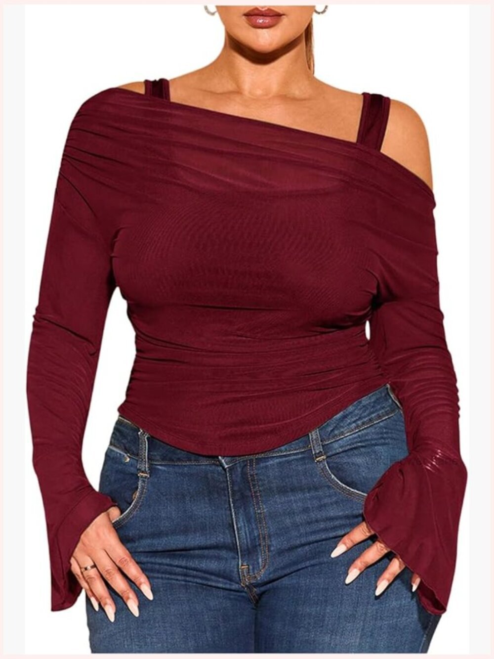 Plus Size 2 in 1 Off Shoulder T Shirt Ruched Sheer Bell Long Sleeve Tee